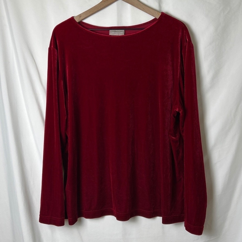 Coldwater Creek Womens Red Velvet Long Sleeve Boat Neck Top Size 1X Holiday Vamp